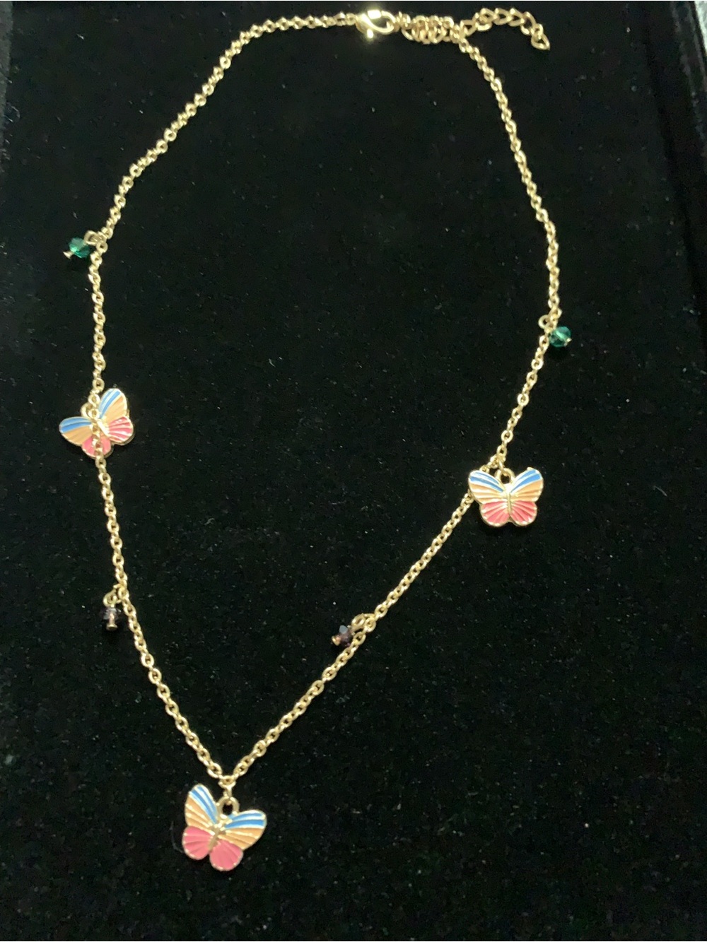 Gold-plated Butterfly Pendant Necklace with Pink and Blue Enamel Accents